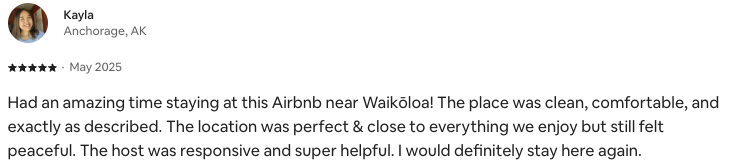 Five-star guest review from Kayla, May 2025. Expand the review heading above for the full text.